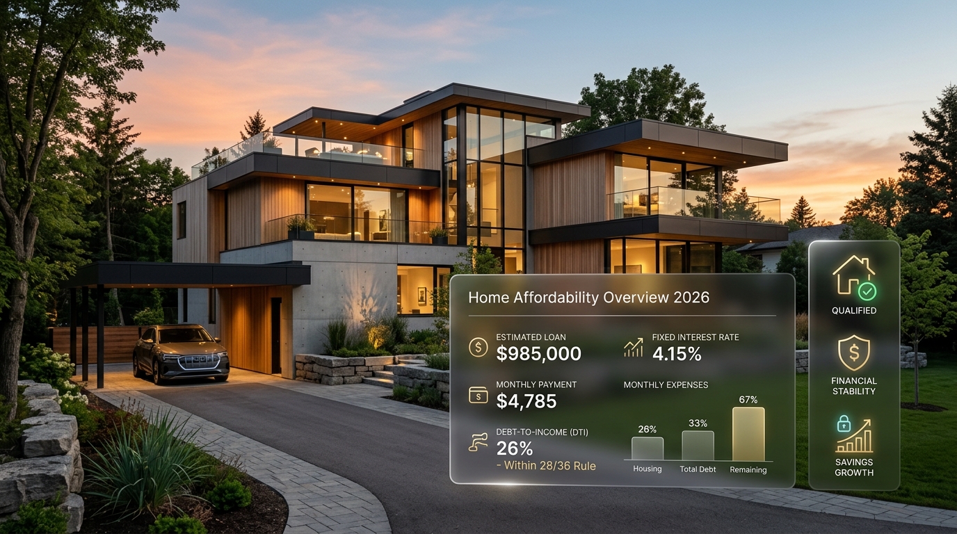 Modern 2026 Architectural Home with Financial Affordability Metrics HUD, Loan Estimates, and 28/36 Debt-to-Income Indicators