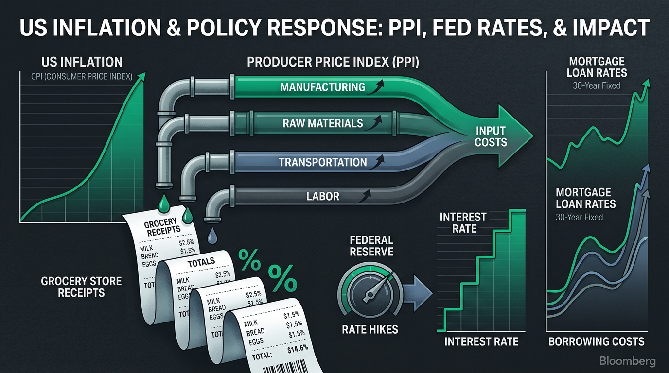 US Inflation, Producer Price Index PPI Supply Conduits, Federal Reserve Rate Hikes and Consumer Borrowing Costs Infographic