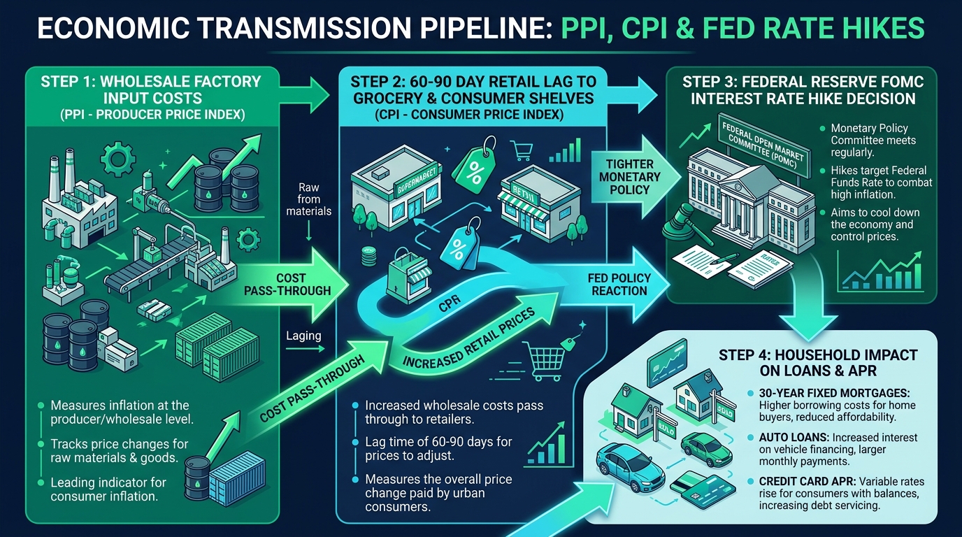 Economic Transmission Pipeline Infographic: Wholesale Factory Input Costs PPI, Retail Lag CPI, Federal Reserve FOMC Rate Hikes, and Consumer Loan Impact